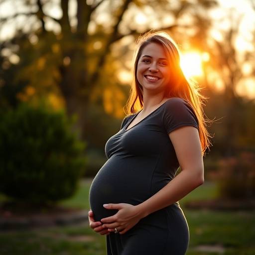 Fotografia de gestante sorrindo em um parque ao entardecer