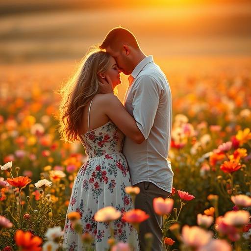 Fotografia de um casal se abraäando em um campo florido