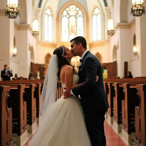 Fotografia de um casal se beijando durante a cerimônia de casamento em uma igreja em Curitiba