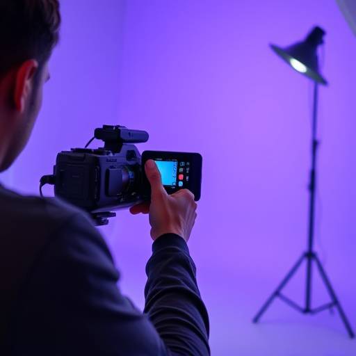 Fotógrafa tirando fotos de um novo modelo de smartphone em um estüdio para fins de marketing