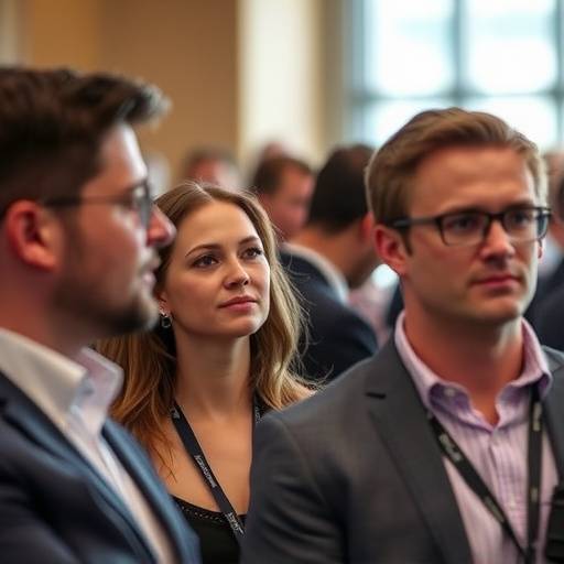 Fotógrafo documentando um evento corporativo com participantes em uma conferência