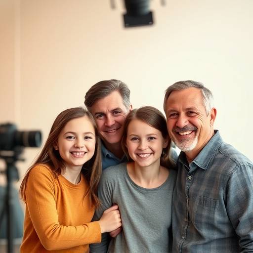 Fotógrafo tirando um retrato de uma família sorrindo em um estüdio