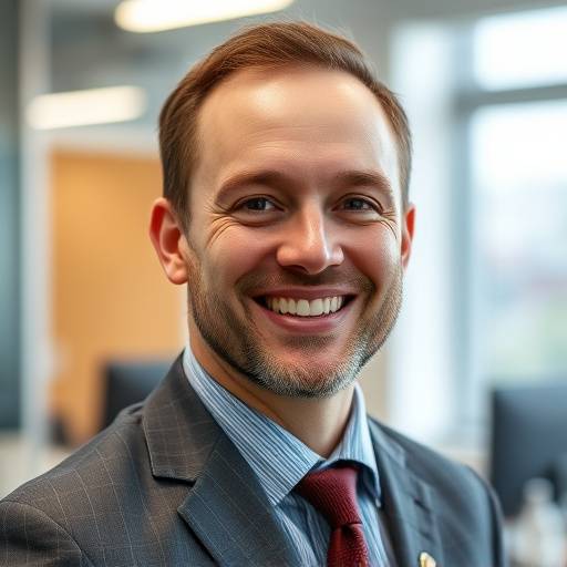 Homem sorrindo, usando um terno em um escritório