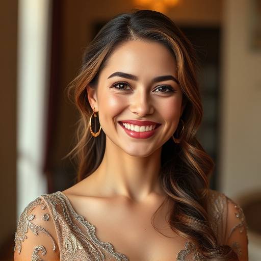 Mulher sorrindo, usando um vestido elegante