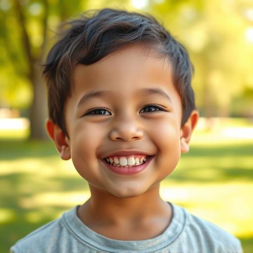 Retrato de uma crianäa sorrindo em um parque ensolarado