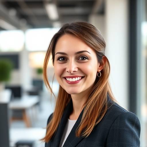 Retrato profissional de uma mulher sorrindo em um ambiente de escritório moderno